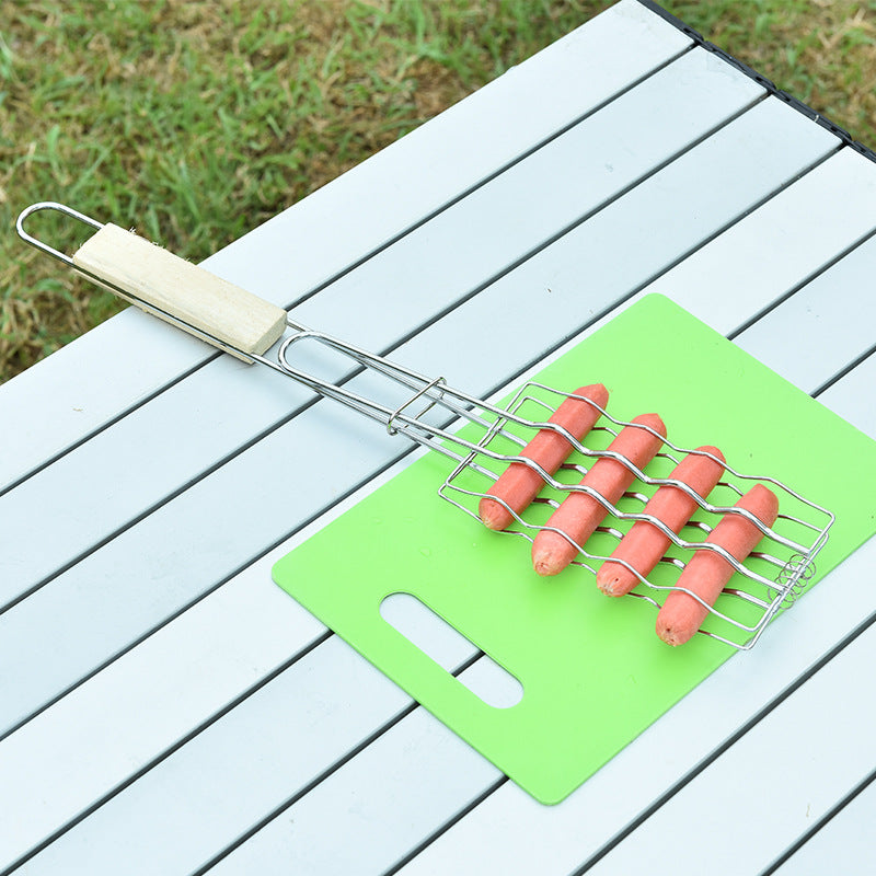 Outdoor Grilling Accessories – Wooden Handle Sausage Clip, Vegetable Clip & Barbecue Rack Set for BBQ Tool Kit