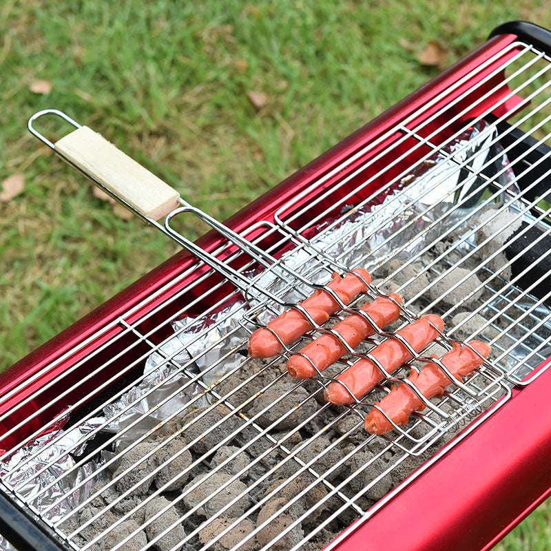 Outdoor Grilling Accessories – Wooden Handle Sausage Clip, Vegetable Clip & Barbecue Rack Set for BBQ Tool Kit