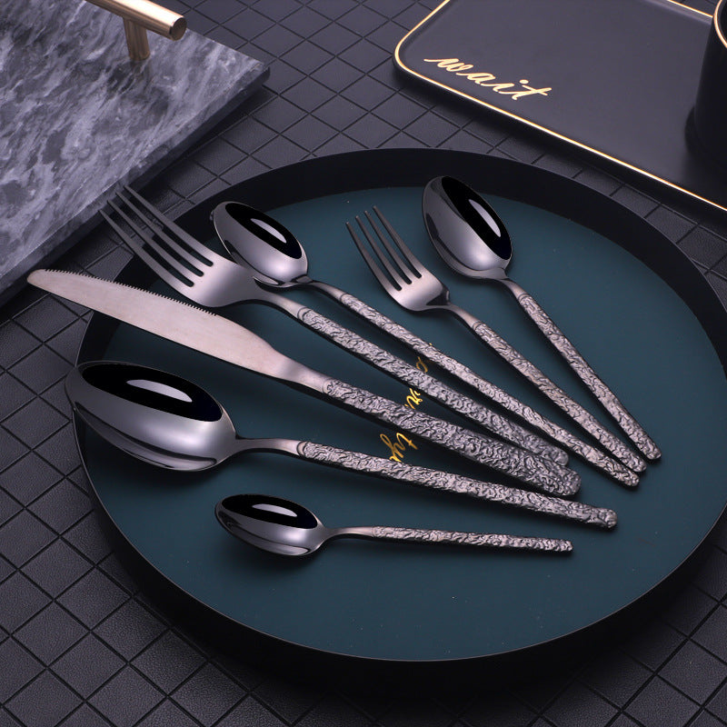Embossed Steak Cutlery Set – Western Style Textured Handle Knife & Fork Set